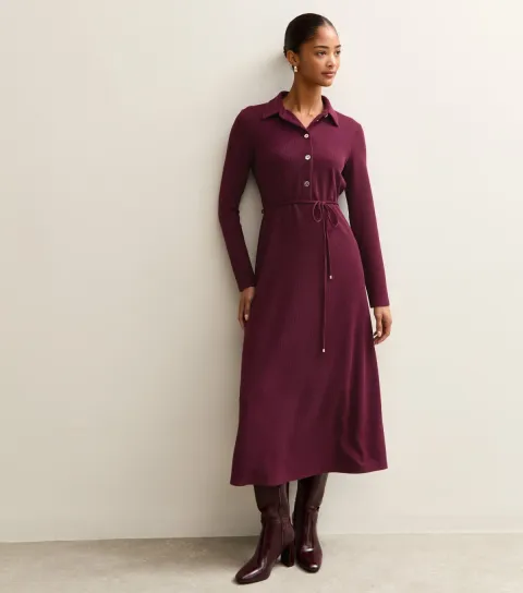 Women's Dark Burgundy Crinkled Midi Shirt Dress