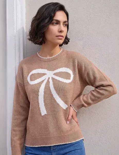 Roman Contrast Stitch Bow Jumper Camel