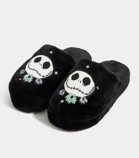 Women's Black Embroidered Nightmare Before Christmas Slippers
