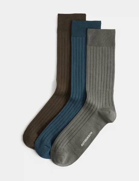 Autograph 3 Pack Egyptian Cotton Rich Ribbed Socks Green Mix