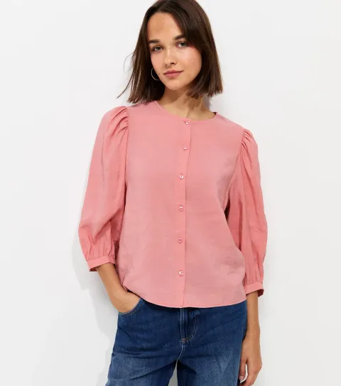 Women's Pink Cropped Balloon Sleeve Button Blouse