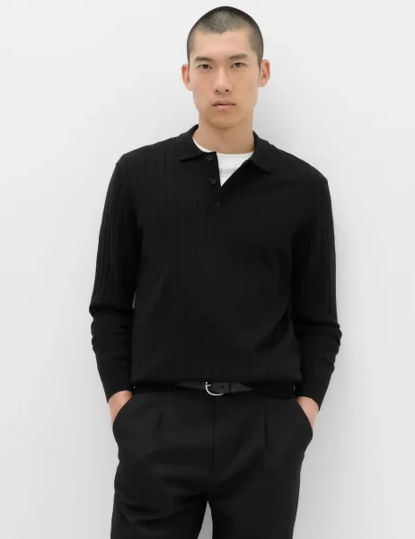 Marks & Spencer Cotton Blend Smart Rib Knit Polo Shirt Black