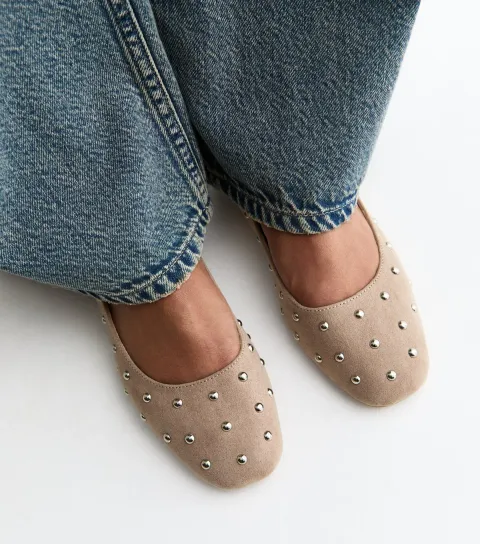 Women's Light Brown Faux Suede Studded Ballet Pumps Vegan