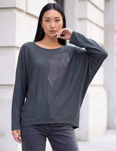 Roman Embellished Feather Ankle Grazing Top Grey Mix