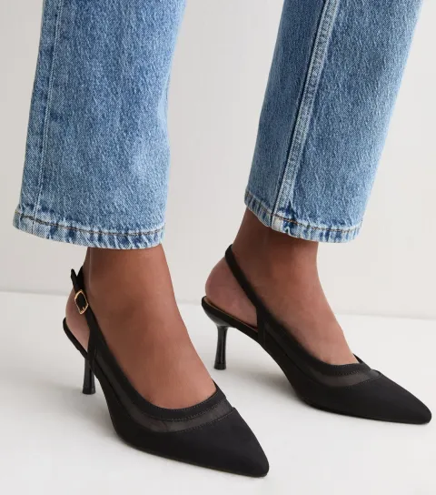Women's Black Faux Suede Mesh Cut Out Slingback Pumps Vegan