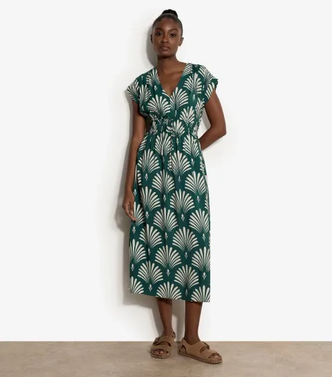 Women's Green Palm Print V-Neck Midi Dress