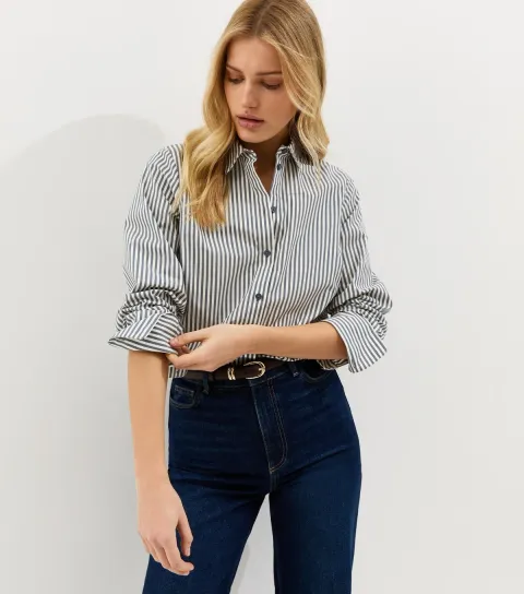 Women's Blue Slim Stripe Curved Hem Shirt