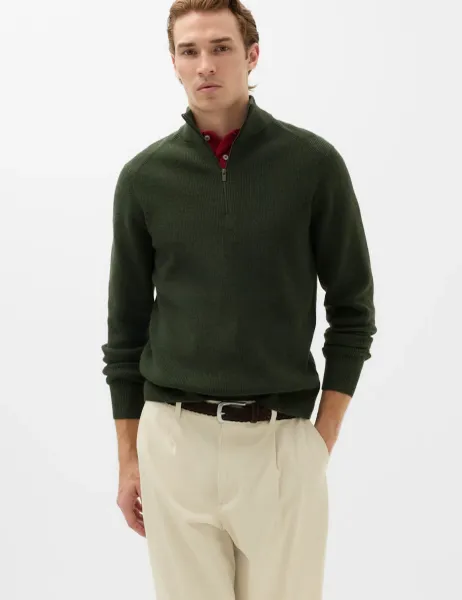Marks & Spencer Cotton Blend Ribbed Half Zip Jumper Dark Khaki