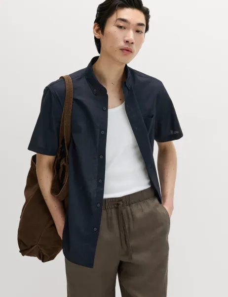 Marks & Spencer Regular Fit Linen Rich Short Sleeve Shirt Navy