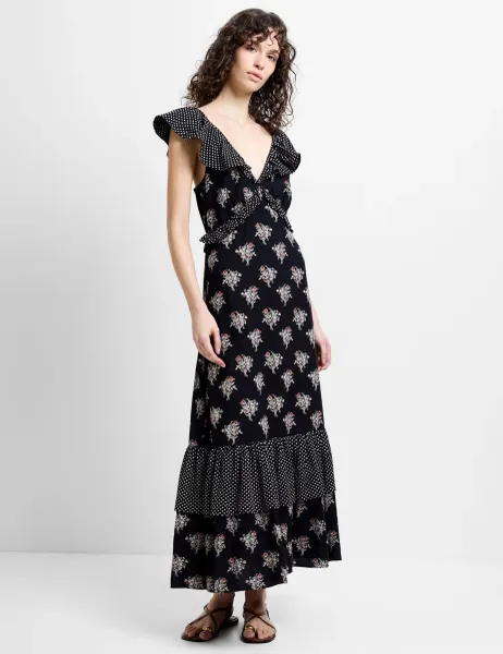 French Connection Cotton Blend Midaxi Tiered Dress Black Mix