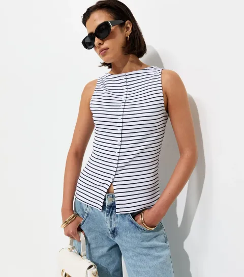 Women's White Cotton Rich Stripe Pattern Button Through Tank Top