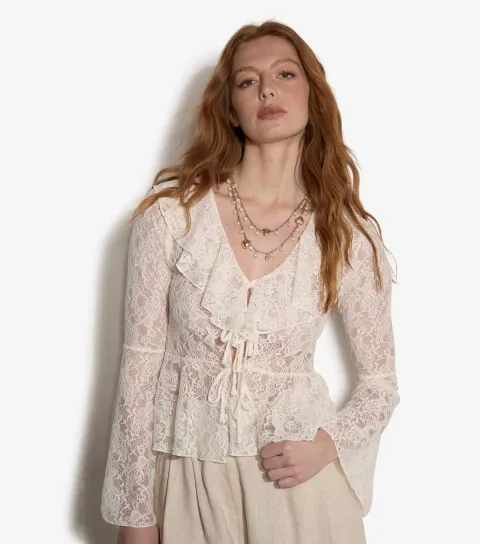 Women's Cream Floral Lace Ruffle Cardigan