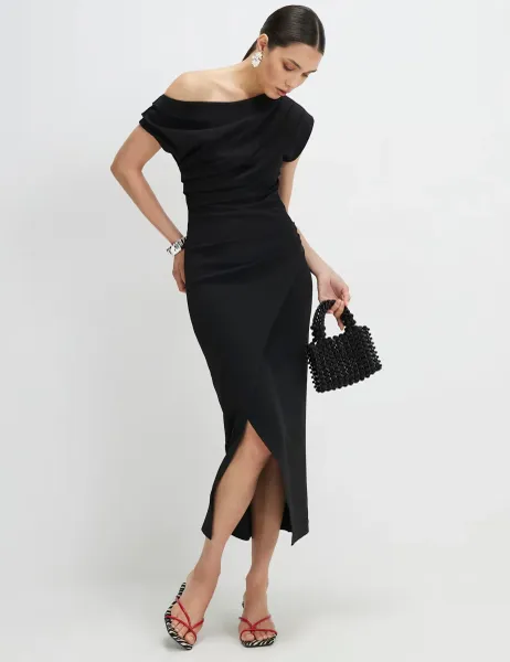 River Island One Shoulder Draped Midi Bodycon Dress Black