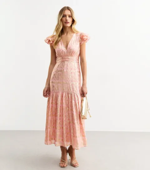 Women's Pink Jacquard Frill Sleeve Empire Line Midi Dress