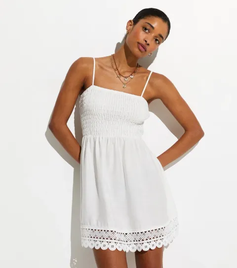 Women's White Lace Trim Shirred Mini Dress