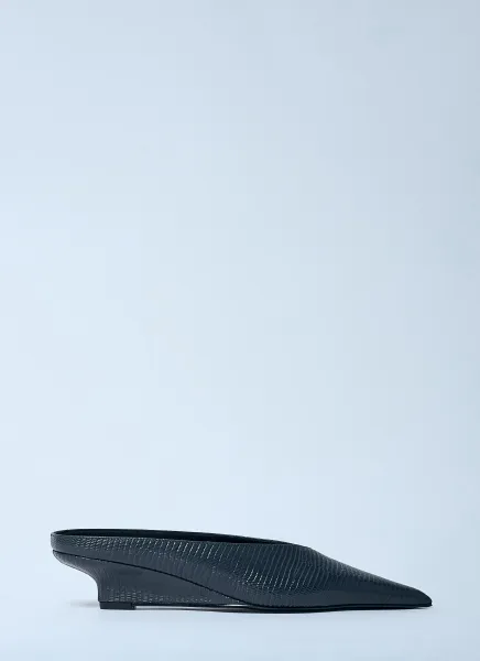 Sharp Lizard-Embossed Wedge Mules