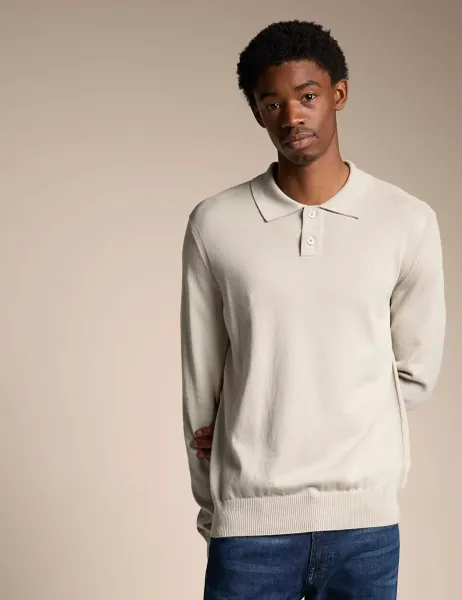 Boss Cotton Rich Knitted Polo Shirt Beige