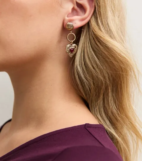 New Look Gold Tone Red Heart Drop Earrings