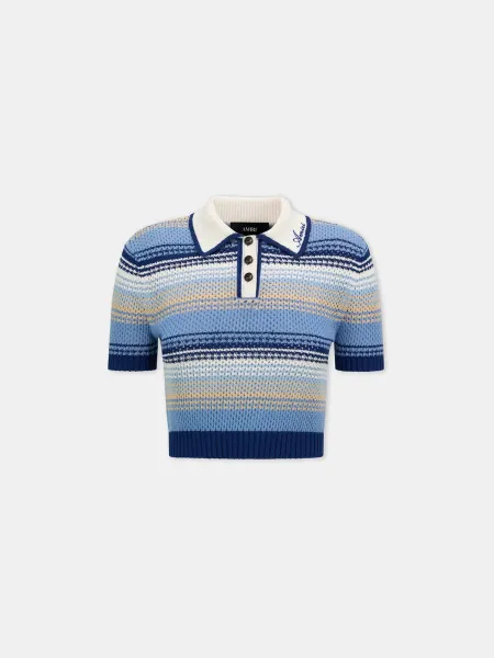 WOMEN - WOMEN'S STRIPED CROCHET MESH POLO - Blue