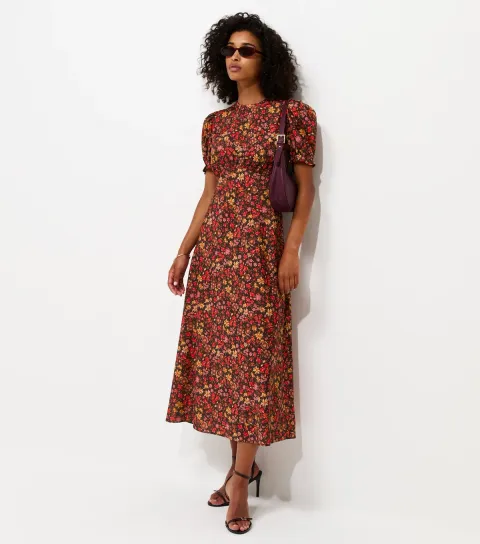 Women's Red Crepe Floral Print Short Sleeve Midi Dress