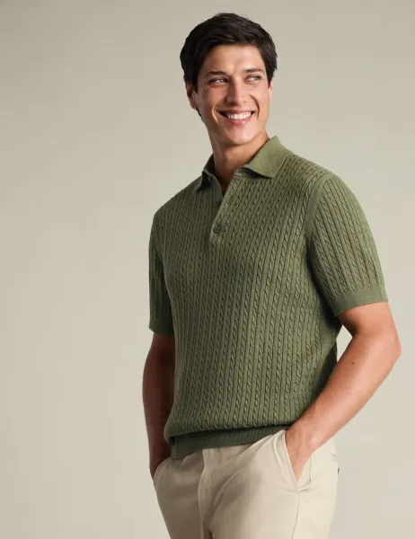 Charles Tyrwhitt Pure Cotton Cable Knitted Polo Shirt Sage