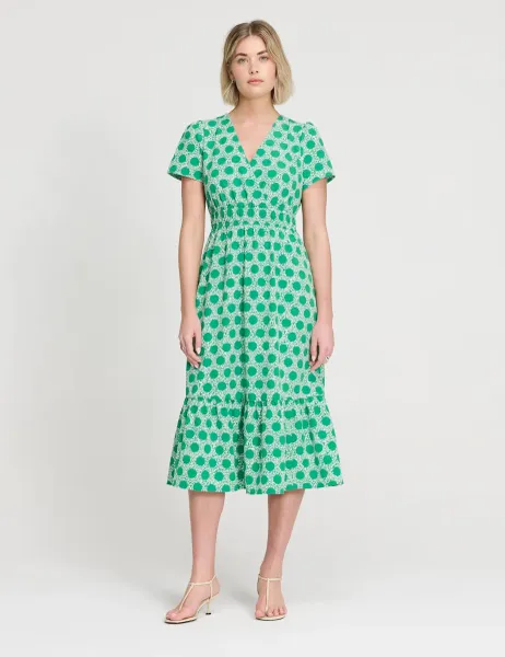 Finery London Spot Print V-Neck Midi Relaxed Tea Dress Green Mix