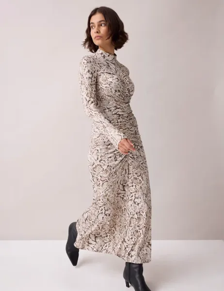 RO&ZO Animal Print Roll Neck Ruched Midi Column Dress Natural Mix