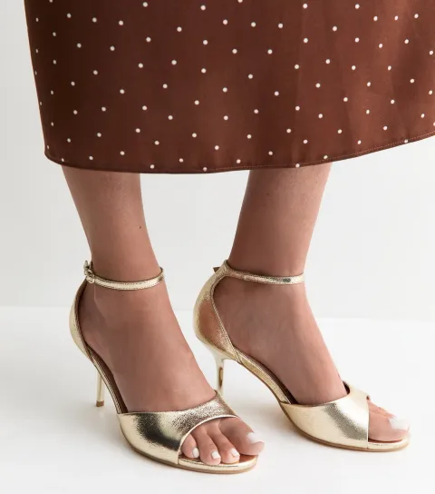 Women's Wide Fit Gold Faux Leather Stiletto Sandals Vegan