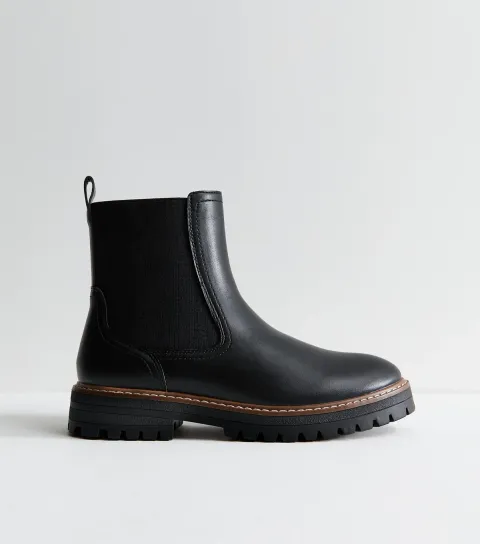 Women's Wide Fit Black Faux Leather Contrast Stitch Chunky Sole Chelsea Boots Vegan