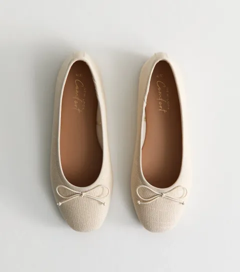 Women's Off White Linen-Look Ballet Pumps Vegan