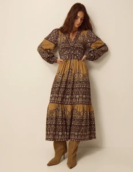 Monsoon Printed Fit And Flare Cotton Midi Dress Yellow Mix