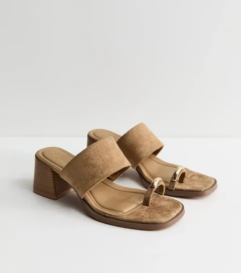 Women's Light Brown Faux Suede Metal Toe Loop Block Heel Mules Vegan