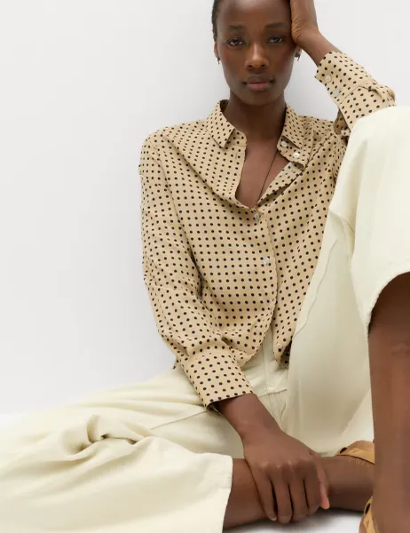Marks & Spencer Polka Dot Collared Button Through Shirt Natural Mix