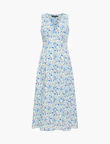 French Connection Pure Cotton Floral V-Neck Midi Skater Dress Blue Mix