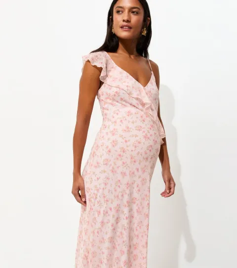 Women's Maternity Light Pink Floral Chiffon Ruffle Midi Dress
