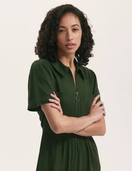 Finery London Linen Blend Midi Shirt Dress Dark Khaki