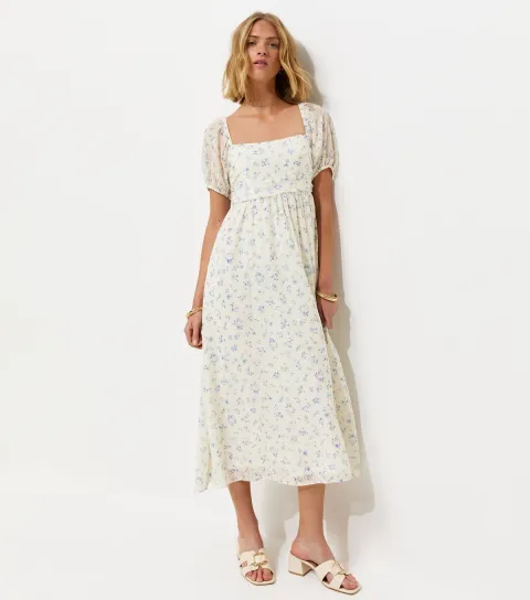 Women's Cream Ditsy Floral Tie Back Milkmaid Midi Dress