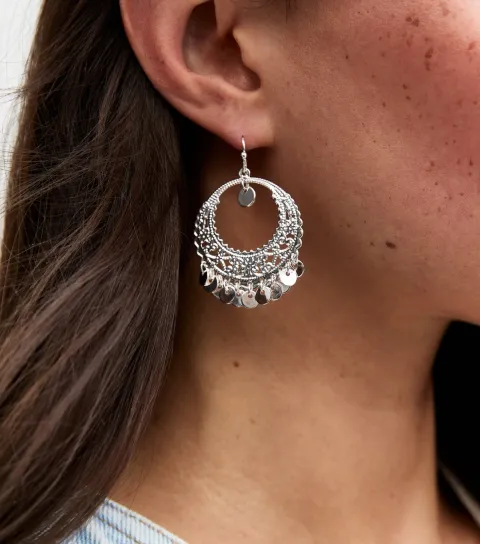New Look Silver Tone Tassel Trim Hoop Earrings