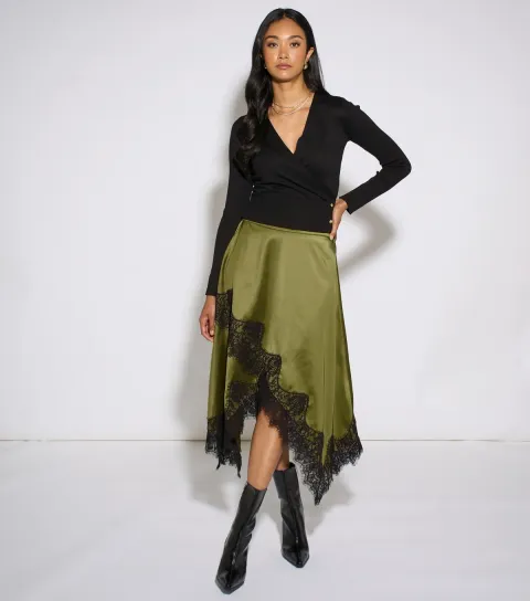 Women's Dark Khaki Satin Lace Assymetric Midi Skirt
