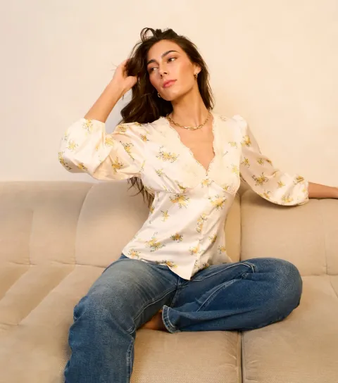 Women's Cream Floral Lace Trim Blouse