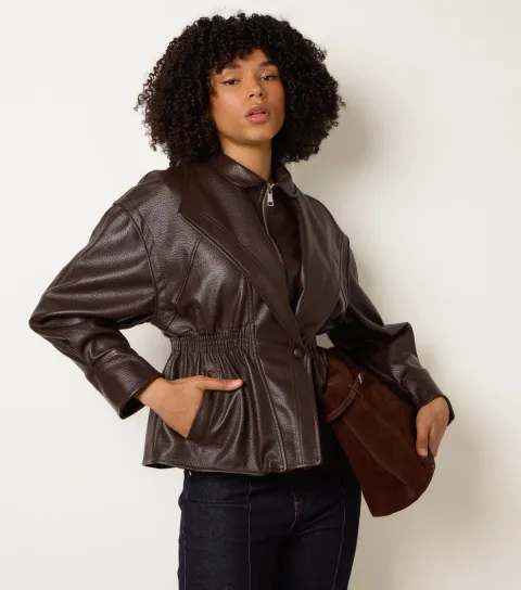 Women's Dark Brown Elasticated Waist Faux Leather Jacket