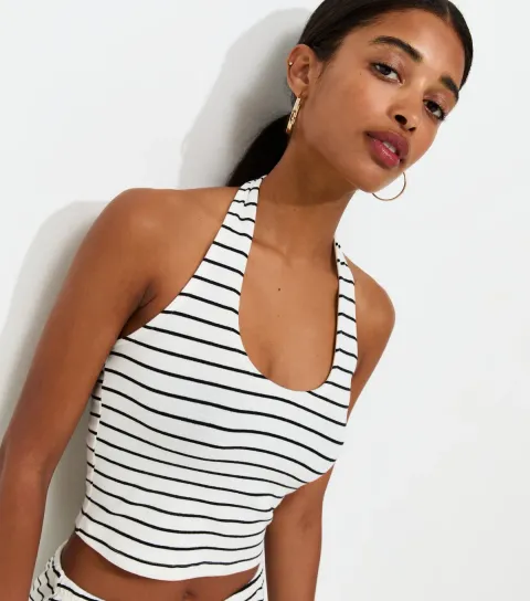 Women's White Horizontal Stripe Jersey Halter Neck Vest Top