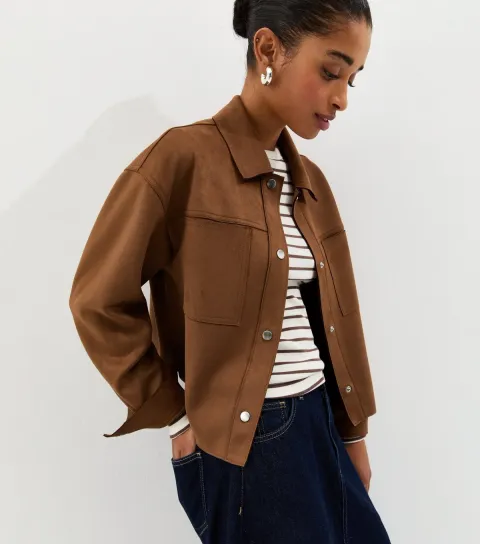 Women's Tan Faux Suede Boxy Shacket