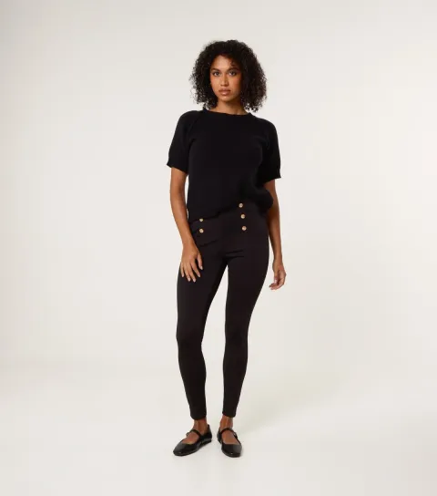 Women's Black Button Detail High Waist Trousers