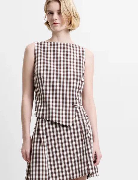 French Connection Gingham Button Detail Top Brown Mix