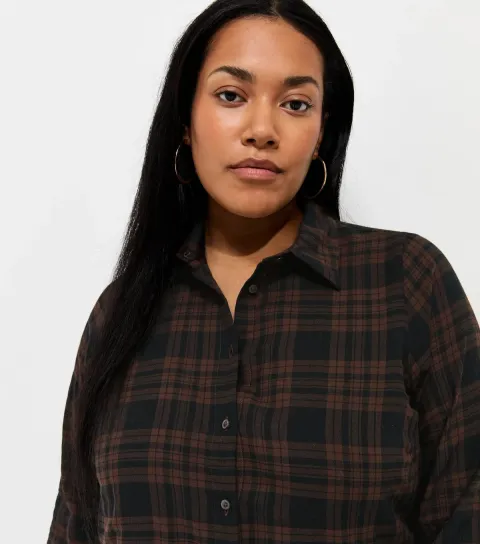 Women's Plus Size Brown Cotton Rich Checked Long Sleeve Shirt Curves