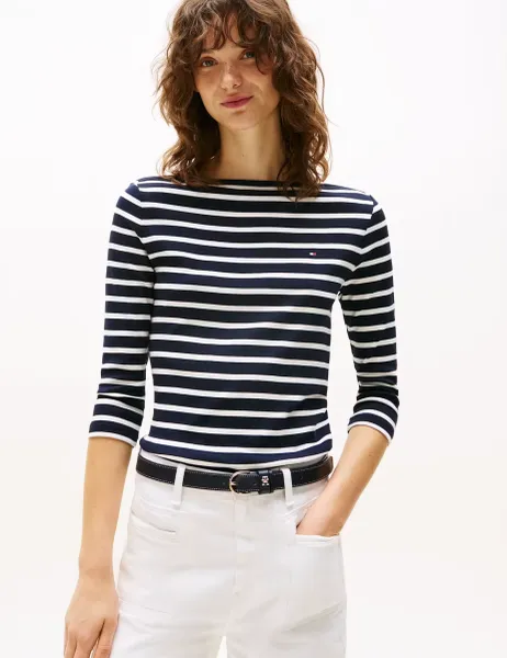 Tommy Hilfiger Cody Pure Cotton Striped Slash Neck Top Navy Mix