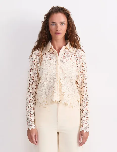 Sportscraft Floral Lace Button Through Relaxed Blouse Cream