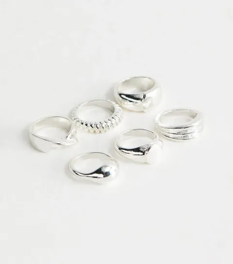 New Look Pack of 6 Silver Tone Chunky Signet Rings