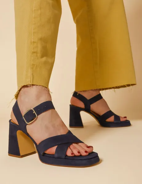 Jones Bootmaker Suede Ankle Strap Block Heel Platform Sandals Navy